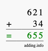Calculate 621 + 34 using long addition