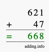 Calculate 621 + 47 using long addition