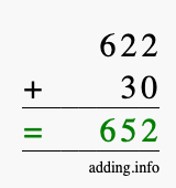 Calculate 622 + 30 using long addition
