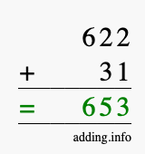 Calculate 622 + 31 using long addition