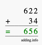 Calculate 622 + 34 using long addition