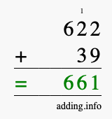 Calculate 622 + 39 using long addition