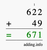 Calculate 622 + 49 using long addition