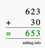 Calculate 623 + 30 using long addition