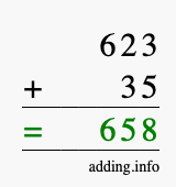 Calculate 623 + 35 using long addition