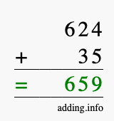 Calculate 624 + 35 using long addition