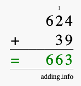 Calculate 624 + 39 using long addition