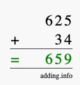Calculate 625 + 34 using long addition