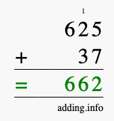 Calculate 625 + 37 using long addition
