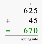 Calculate 625 + 45 using long addition