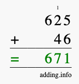 Calculate 625 + 46 using long addition