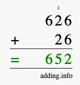 Calculate 626 + 26 using long addition
