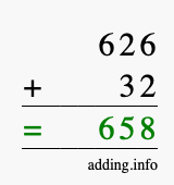 Calculate 626 + 32 using long addition