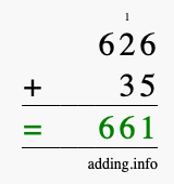 Calculate 626 + 35 using long addition