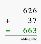 Calculate 626 + 37 using long addition