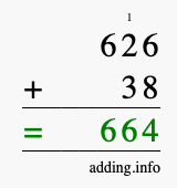 Calculate 626 + 38 using long addition