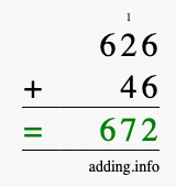 Calculate 626 + 46 using long addition