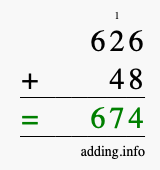 Calculate 626 + 48 using long addition