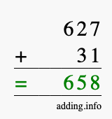 Calculate 627 + 31 using long addition