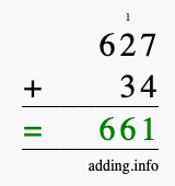 Calculate 627 + 34 using long addition