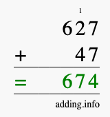 Calculate 627 + 47 using long addition