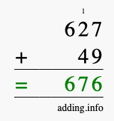 Calculate 627 + 49 using long addition