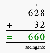 Calculate 628 + 32 using long addition