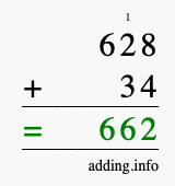 Calculate 628 + 34 using long addition