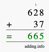 Calculate 628 + 37 using long addition