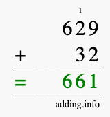 Calculate 629 + 32 using long addition
