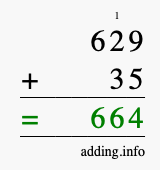 Calculate 629 + 35 using long addition
