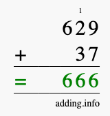 Calculate 629 + 37 using long addition