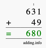 Calculate 631 + 49 using long addition