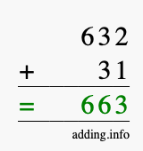 Calculate 632 + 31 using long addition