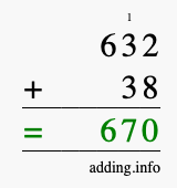 Calculate 632 + 38 using long addition