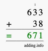 Calculate 633 + 38 using long addition