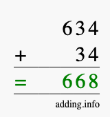 Calculate 634 + 34 using long addition