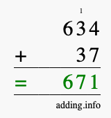 Calculate 634 + 37 using long addition