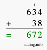 Calculate 634 + 38 using long addition