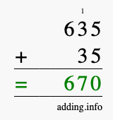 Calculate 635 + 35 using long addition
