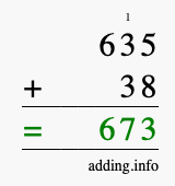 Calculate 635 + 38 using long addition
