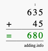 Calculate 635 + 45 using long addition