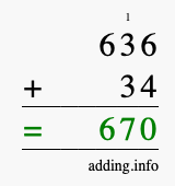 Calculate 636 + 34 using long addition