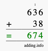 Calculate 636 + 38 using long addition
