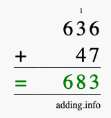 Calculate 636 + 47 using long addition