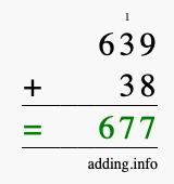 Calculate 639 + 38 using long addition