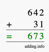 Calculate 642 + 31 using long addition