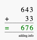 Calculate 643 + 33 using long addition