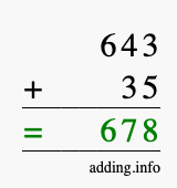 Calculate 643 + 35 using long addition