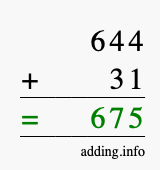 Calculate 644 + 31 using long addition